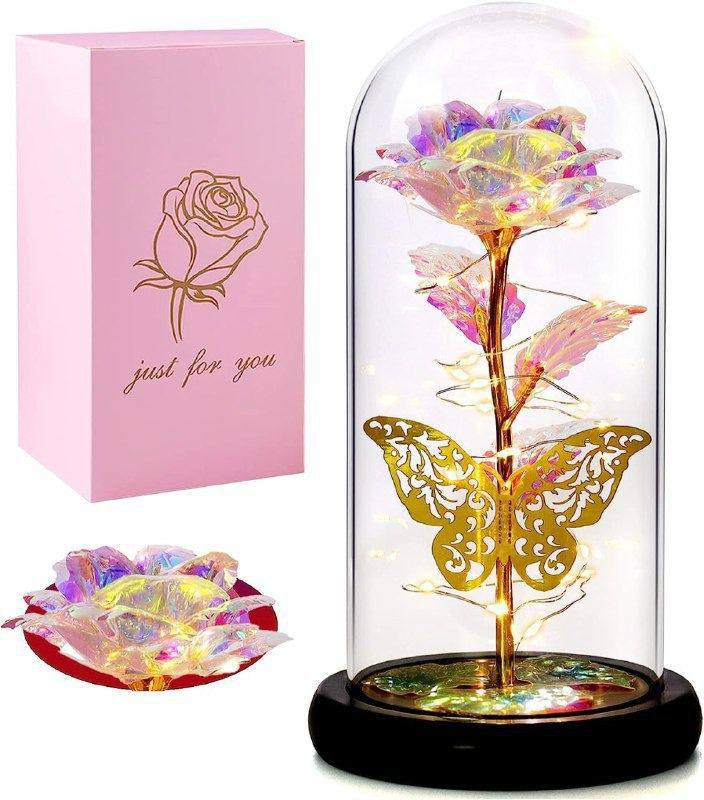 Galaxy Glass Rose | Artificial Flowers with Butterfly Gifts for Women Mom | Valentines Gift Rose Flower | Colorful Rainbow Artificial Flower Rose Light Up Rose in Acrylic Dome | LED Rose Flower Decorative Lamp